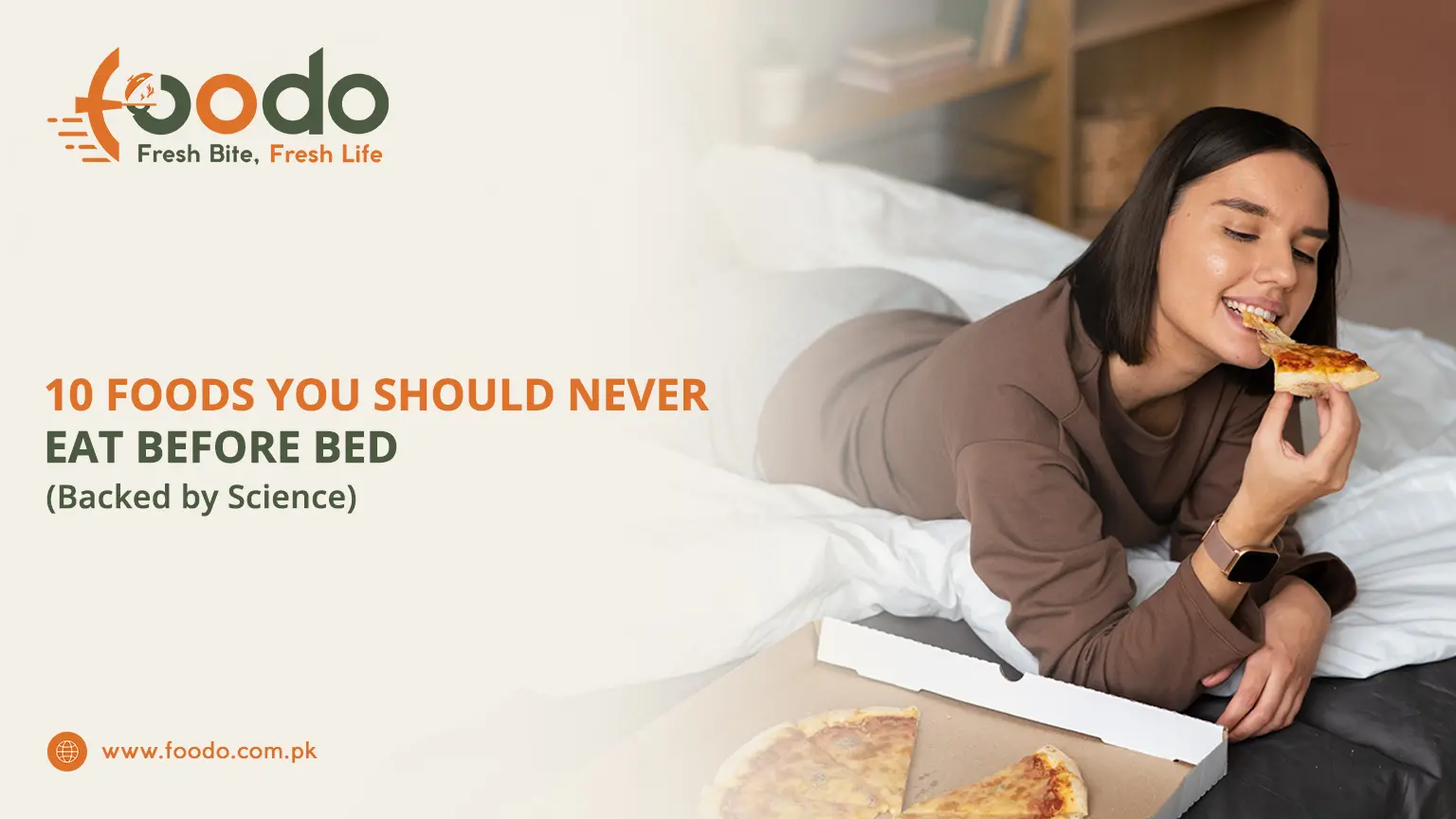 Woman in bed eating pizza slice from box late at night, smiling while enjoying junk food before sleep, illustrating harmful foods to avoid for better rest