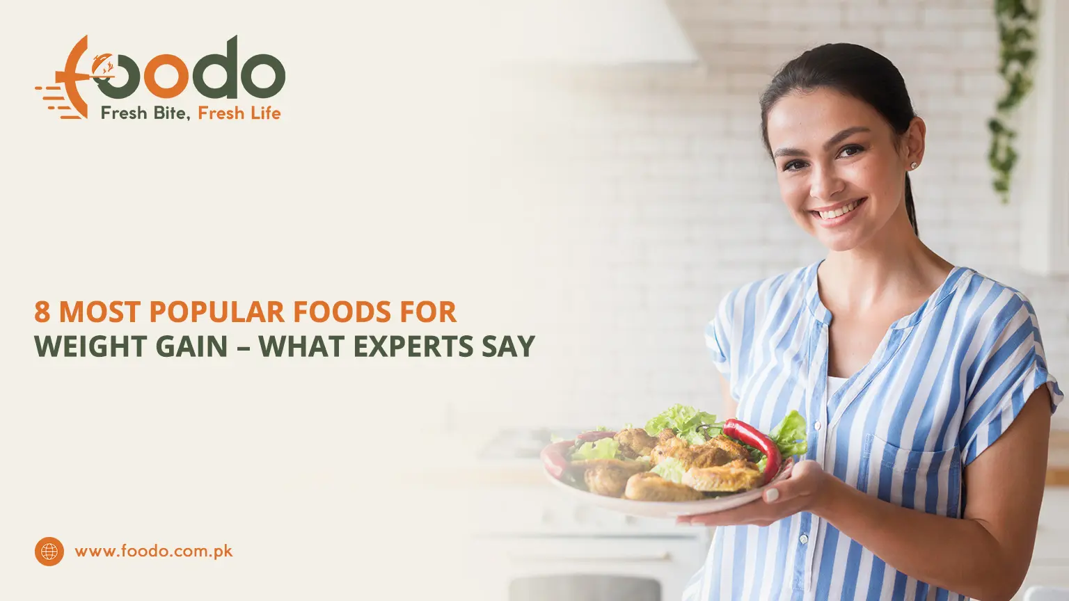 Smiling young woman in kitchen holding plate of calorie-dense healthy foods for weight gain including fried chicken, rice, nuts, fruits, and vegetables, experts recommended