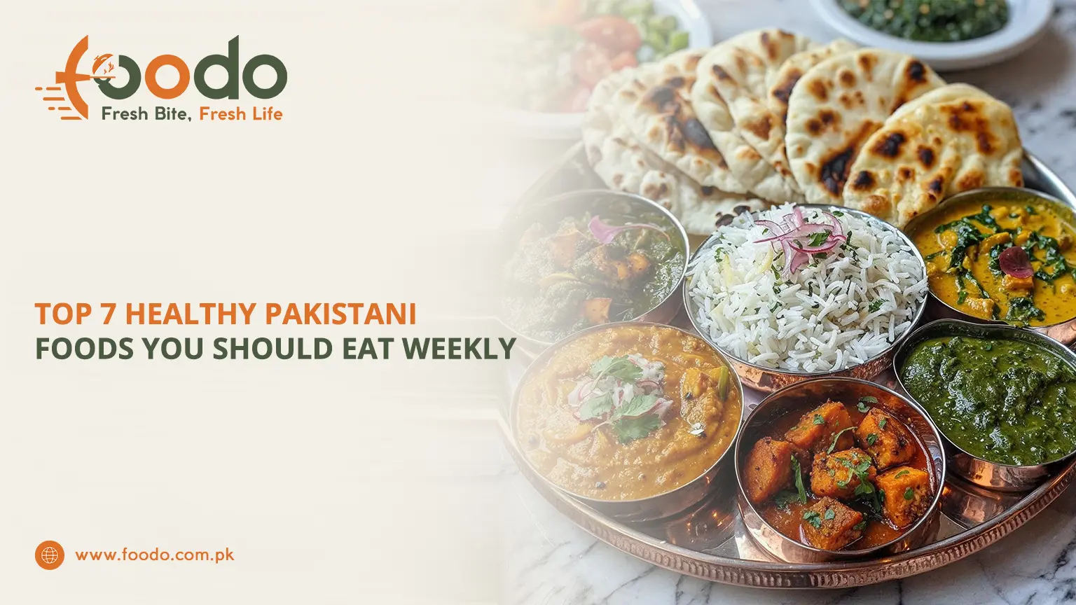 Vibrant platter of healthy Pakistani foods to eat weekly: daal lentils, tandoori fish, vegetable handi, brown rice pulao, whole wheat paratha, and fresh sabzi in traditional bowls