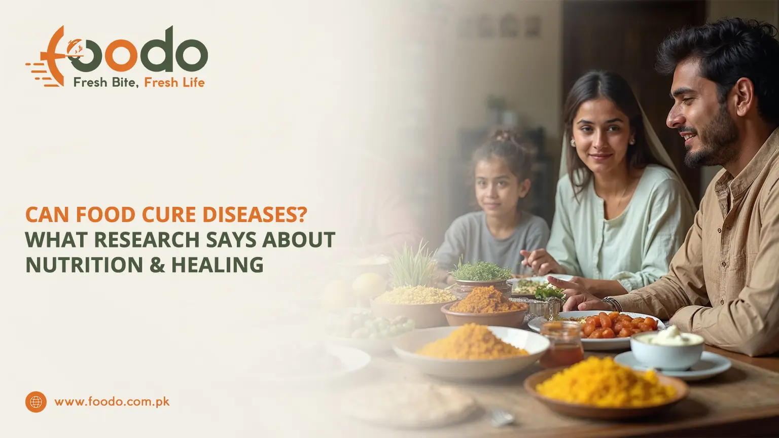 Family enjoying nutrient-rich meal with whole grains, vegetables, fruits, nuts, and fish on table, discussing how food supports healing and prevents diseases through nutrition