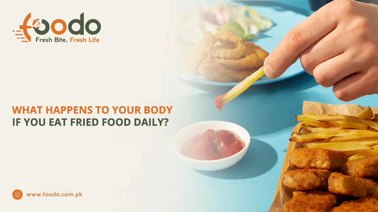 Hand holding crispy french fry dipped in ketchup, with more fried food like nuggets and onion rings on plate, illustrating daily fried food consumption effects on body