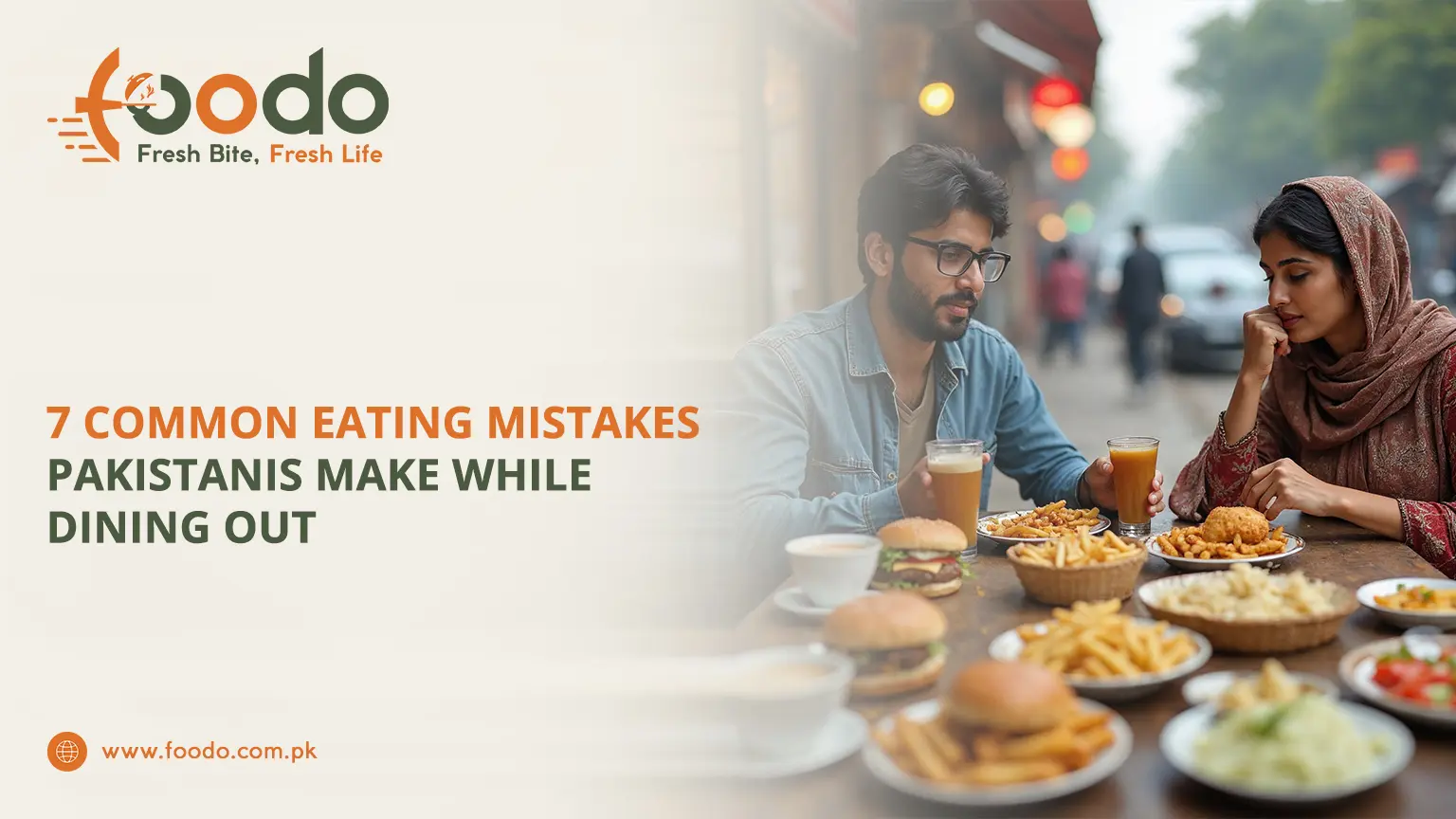Couple dining out in Lahore making common eating mistakes: overordering fast food, burgers, fries, samosas, sugary drinks, and fried items on table, unhealthy Pakistani restaurant meal
