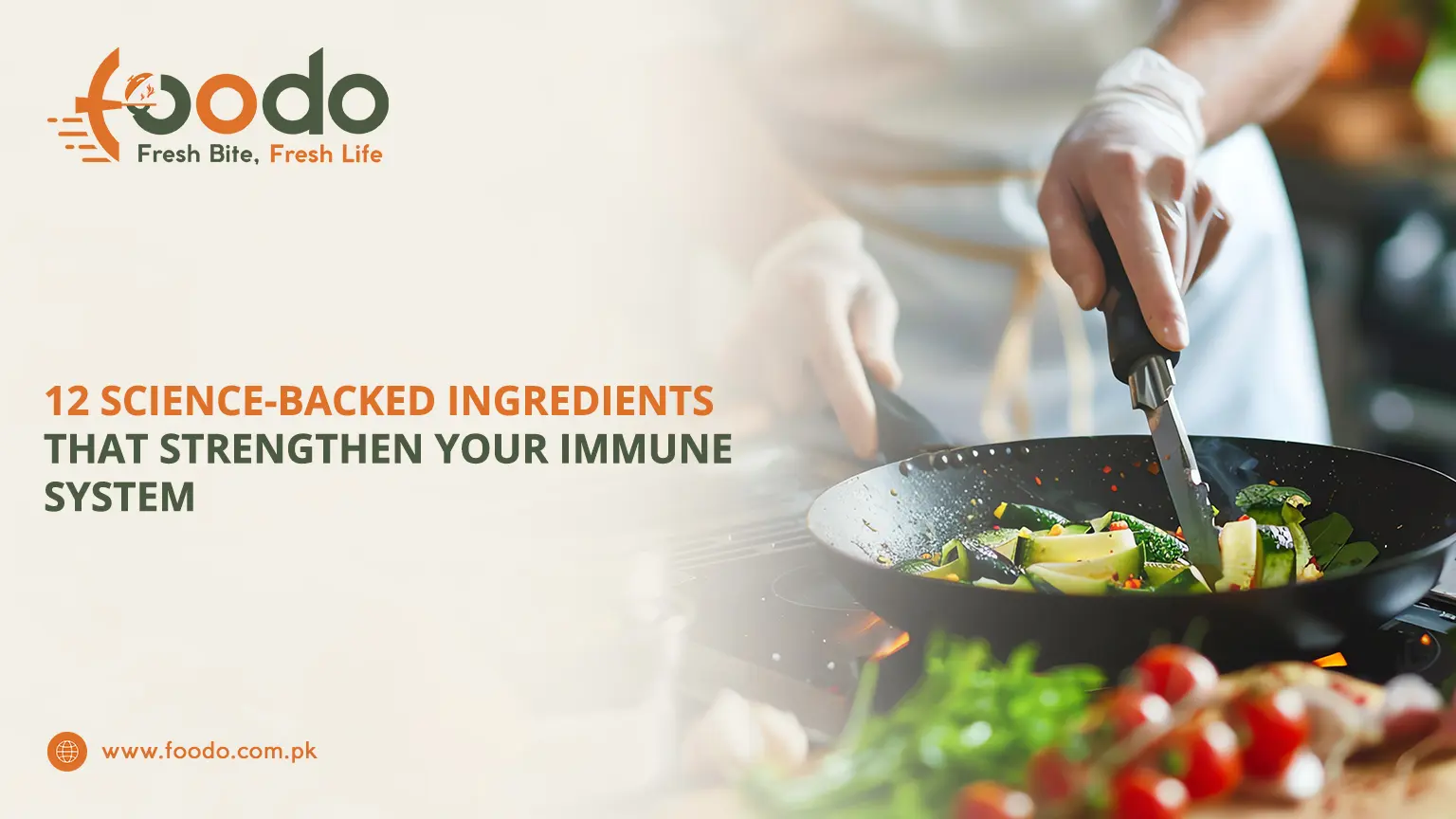 Woman in kitchen preparing fresh vegetables and ingredients like garlic, ginger, spinach, turmeric, citrus fruits, broccoli, and mushrooms to strengthen immune system with science-backed healthy foods