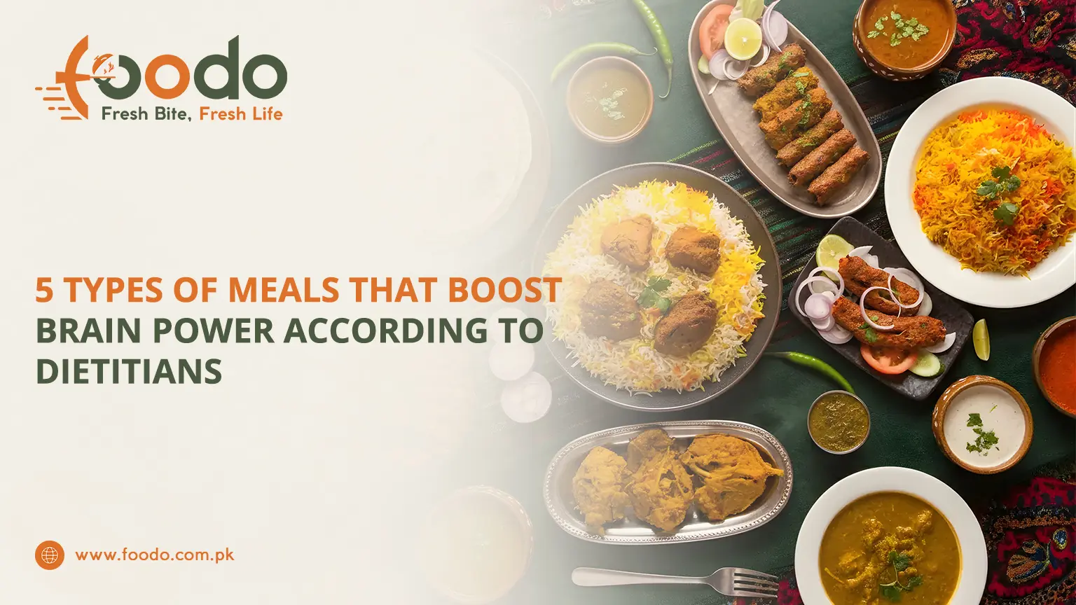 Colorful Pakistani desi platter with brain-boosting foods: salmon fish curry, saag leafy greens, nuts, brown rice pulao, and fresh fruit chaat according to dietitians