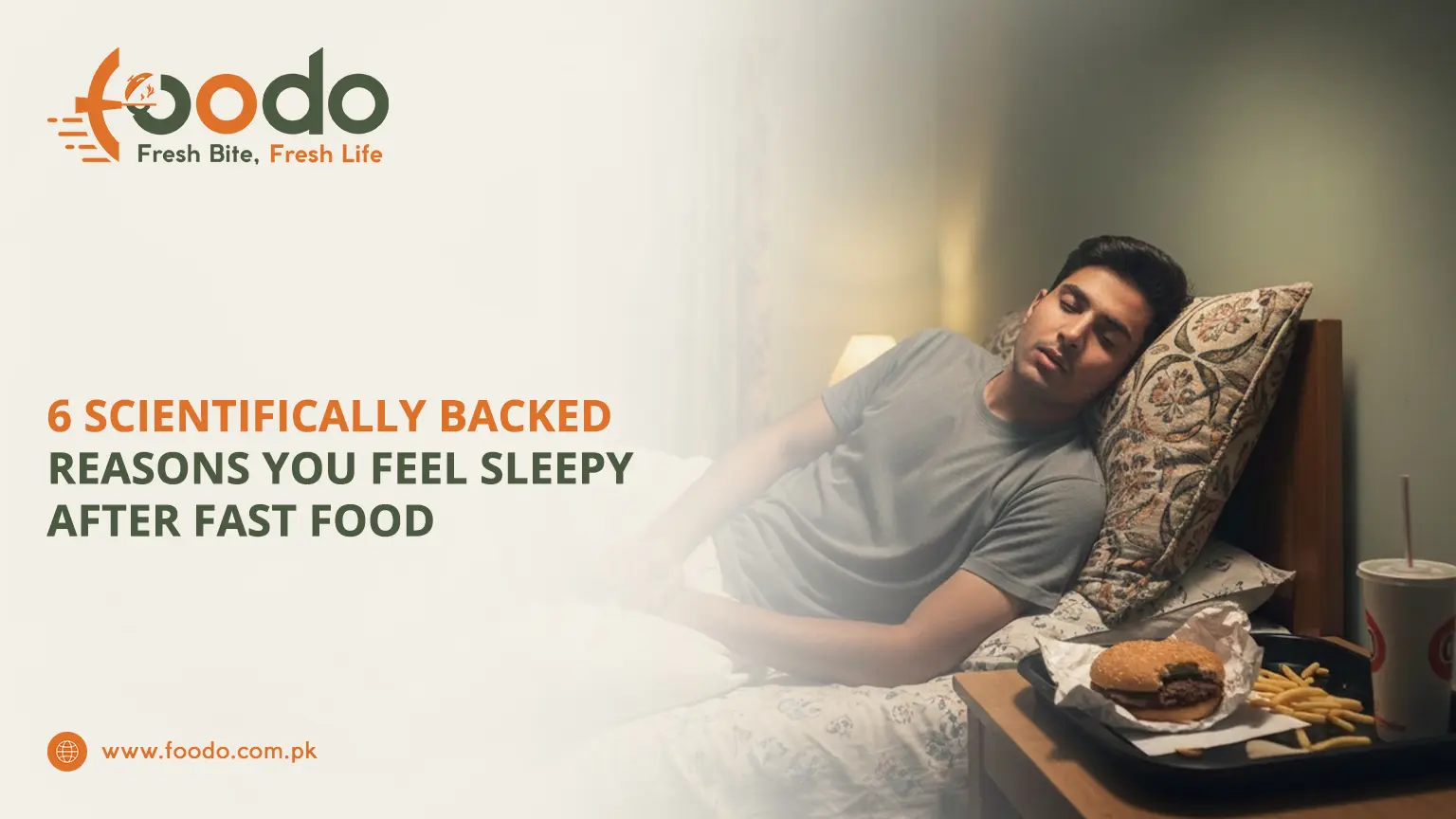 Young man feeling sleepy and tired after eating fast food burger and fries, lying on bed in food coma slump, drowsy post-meal fatigue