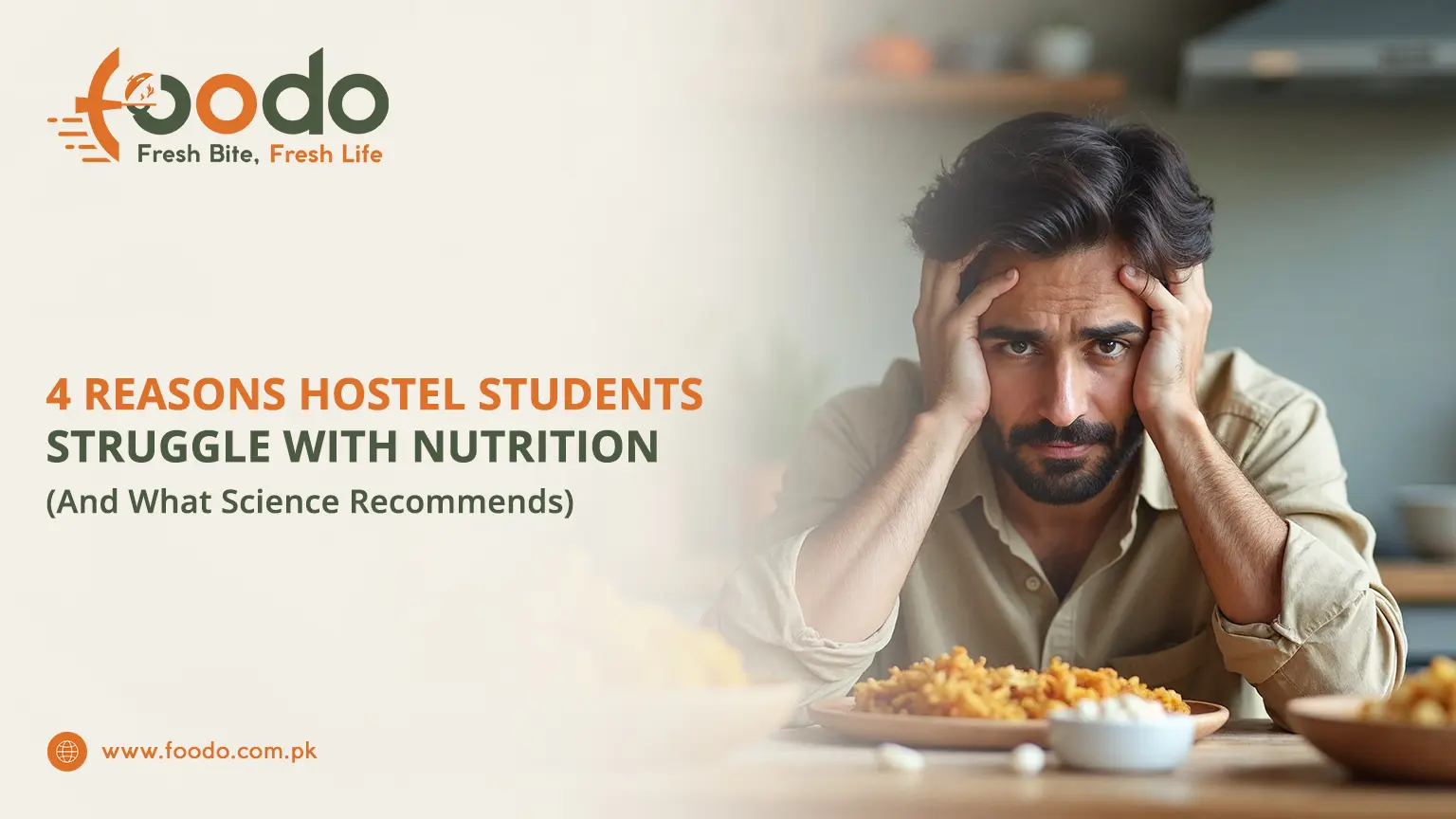 Stressed young Lahore hostel student thinking with head in hands, unhealthy mess food plate in front, struggling with nutrition and poor diet choices