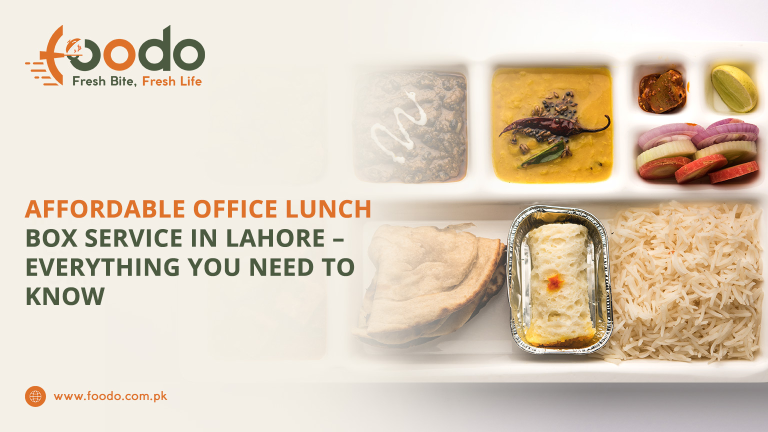 Office lunch box with rice, curry, vegetables, and dessert, representing affordable office meal delivery service in Lahore by Foodo.