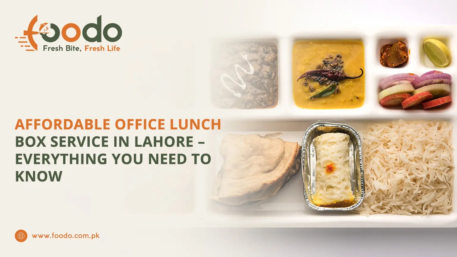 Office lunch box with rice, curry, vegetables, and dessert, representing affordable office meal delivery service in Lahore by Foodo.