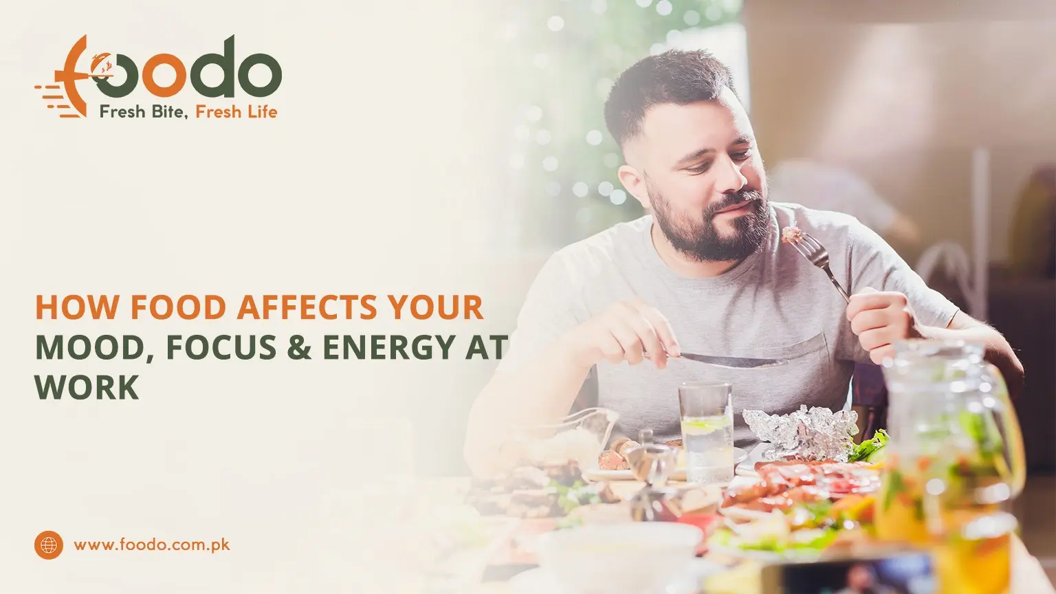 Man enjoying a healthy meal at work, representing how nutritious food improves mood, focus, and energy – Foodo Fresh Bite Fresh Life.
