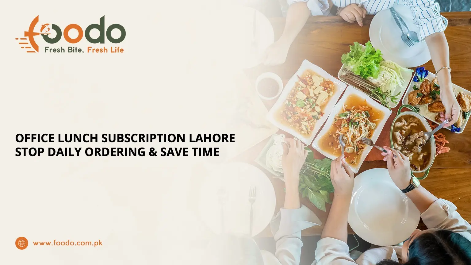 A group of colleagues sharing various meal dishes during an office lunch in Lahore, highlighting Foodo's subscription service.