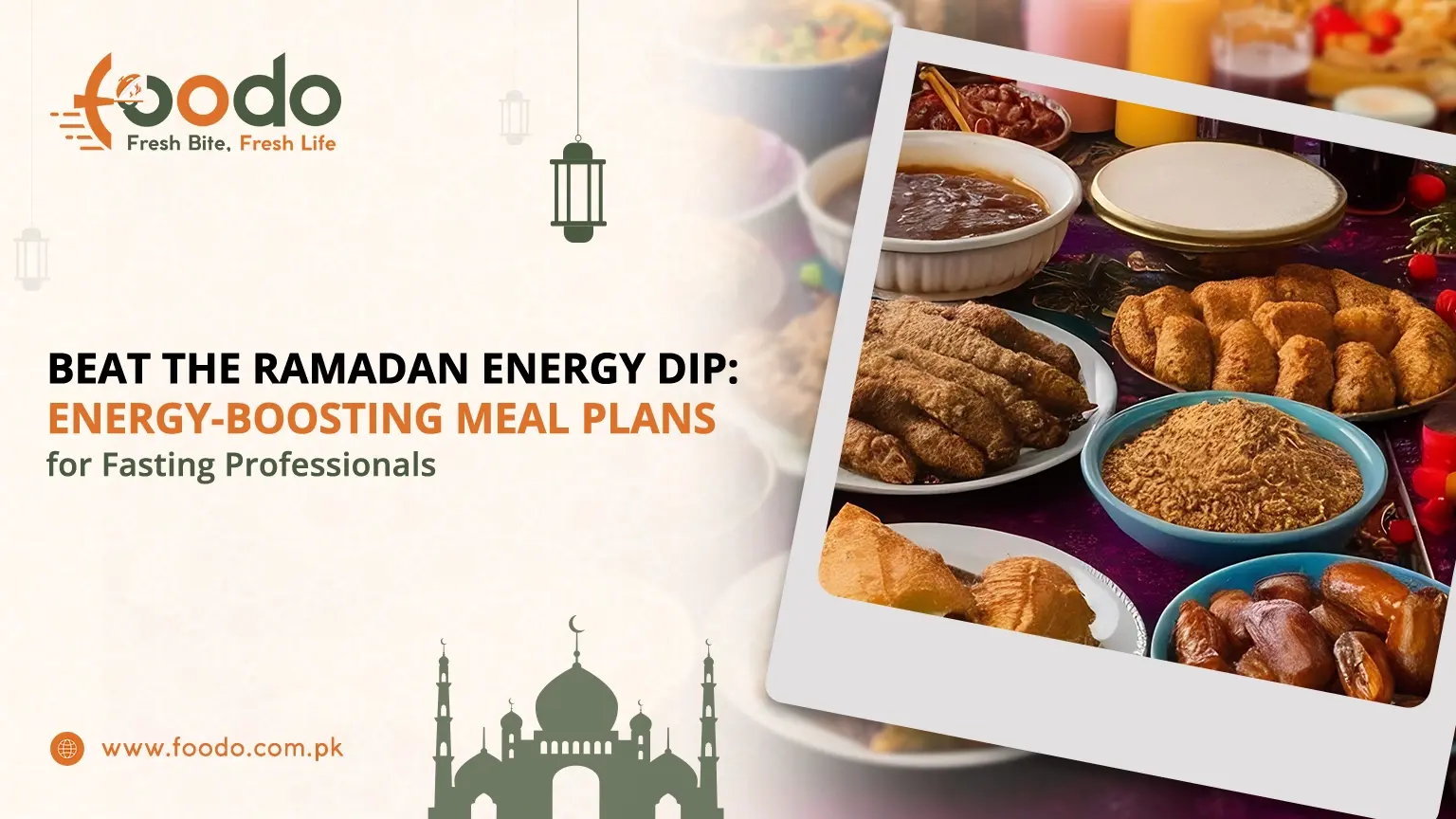 A variety of energy foods for fasting including dates, snacks, and healthy meal subscription options for a Ramzan diet plan in Pakistan.