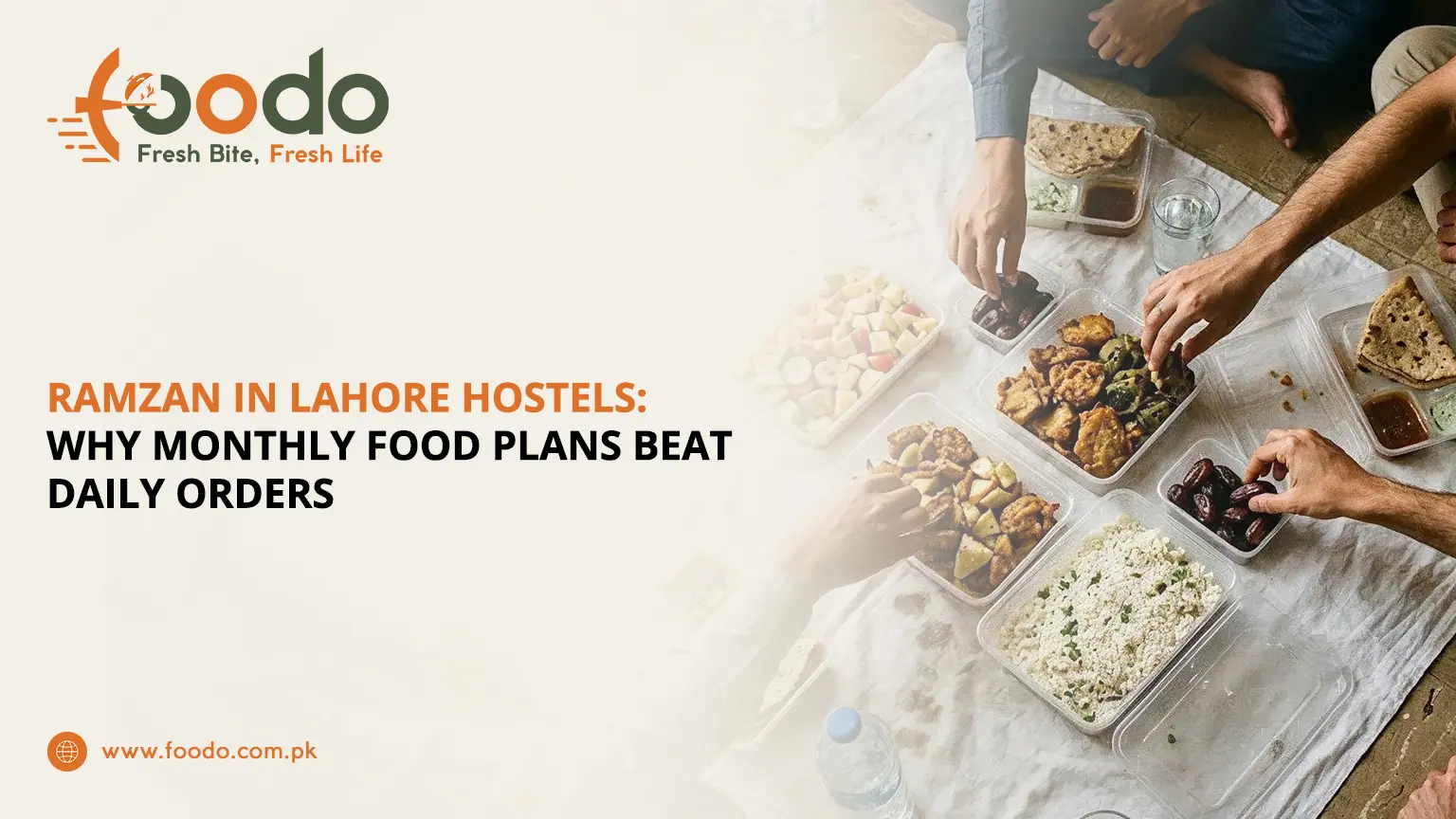 Students in a Lahore hostel sharing a variety of Iftar dishes from a Foodo monthly meal plan during Ramzan