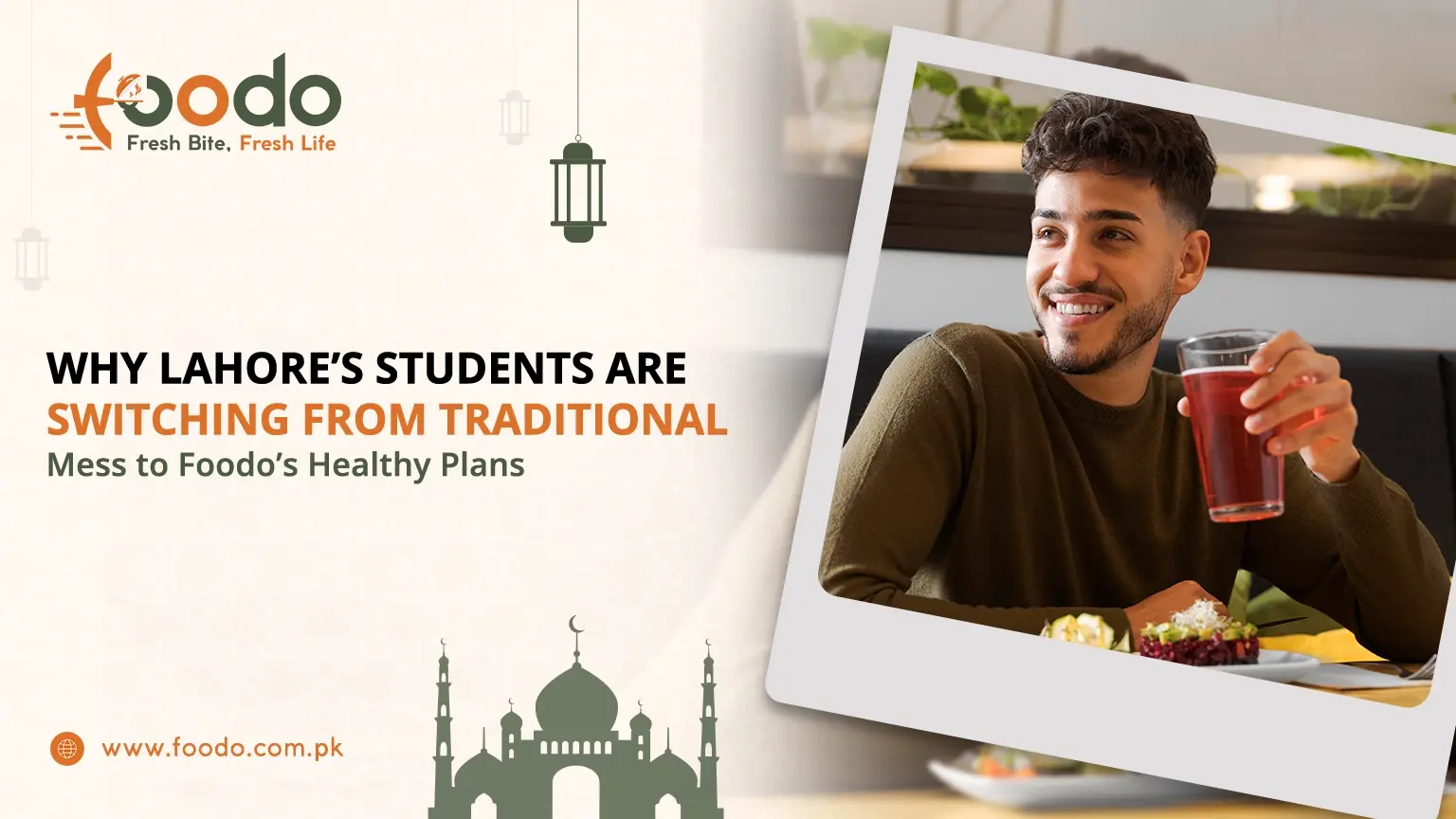 A happy university student in Lahore enjoying a healthy meal and fresh juice from a Foodo meal plan.