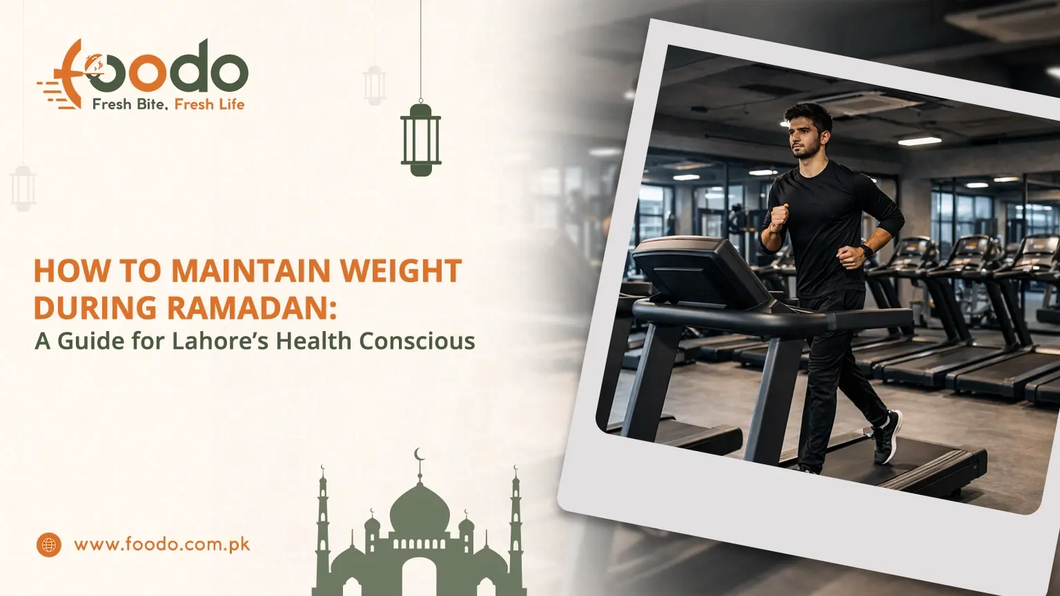 A health-conscious man running on a treadmill in a Lahore gym, illustrating weight loss in Ramzan and healthy Ramadan meal prep.