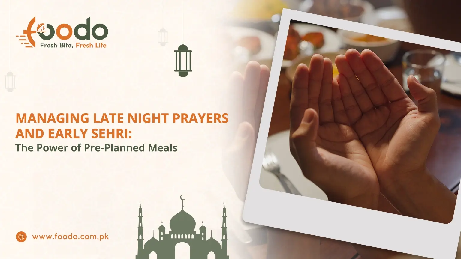 A Ramzan meal timing guide featuring a person praying and healthy Sehri ideas for energy and balance.