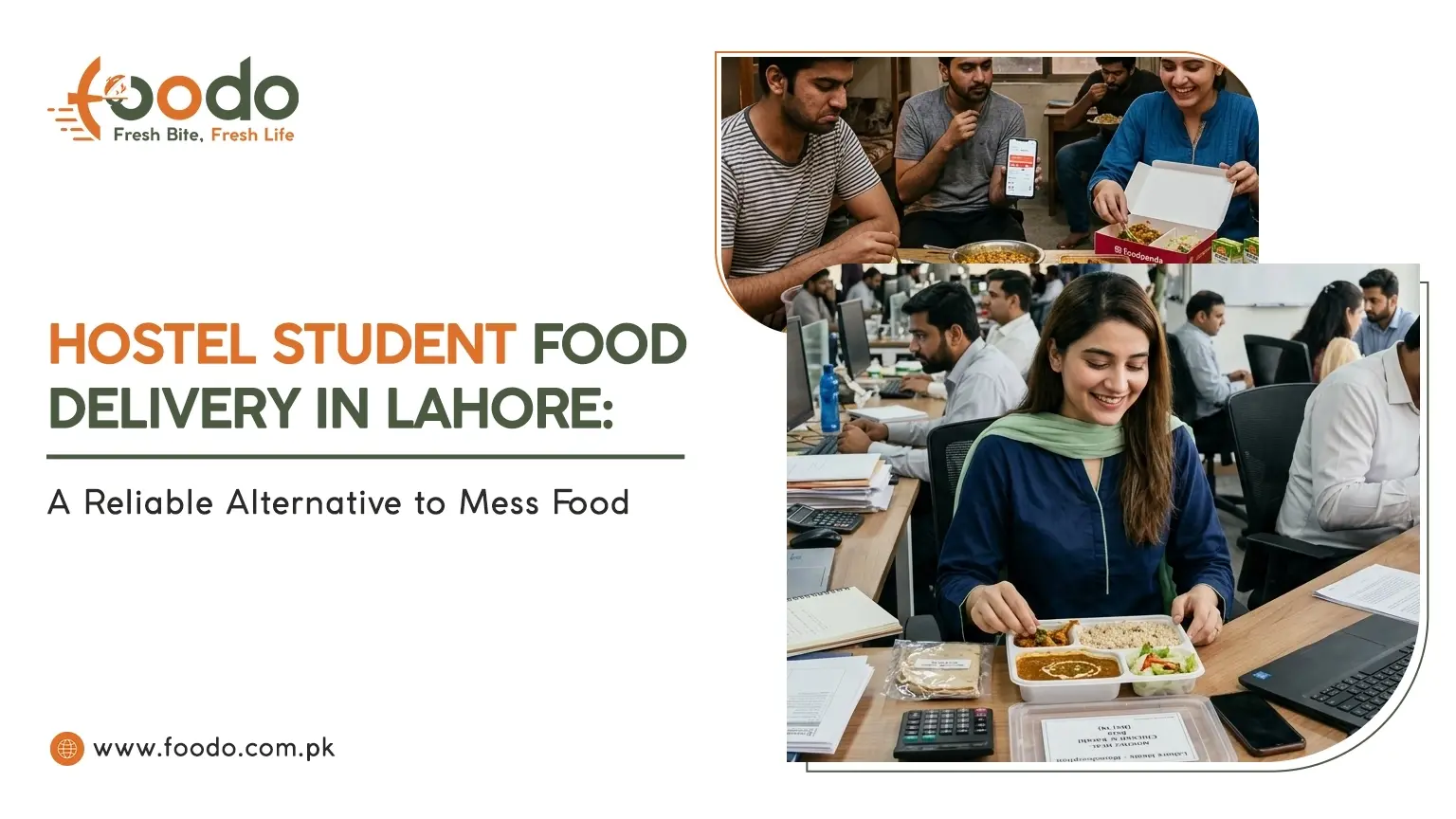 Hostel students and office employees in Lahore enjoying fresh home-style monthly meal delivery as a healthy mess food alternative.