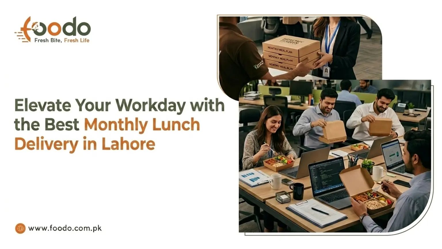 Foodo monthly lunch delivery service in Lahore delivering premium office meal subscription boxes to corporate employees in a modern workplace setting.
