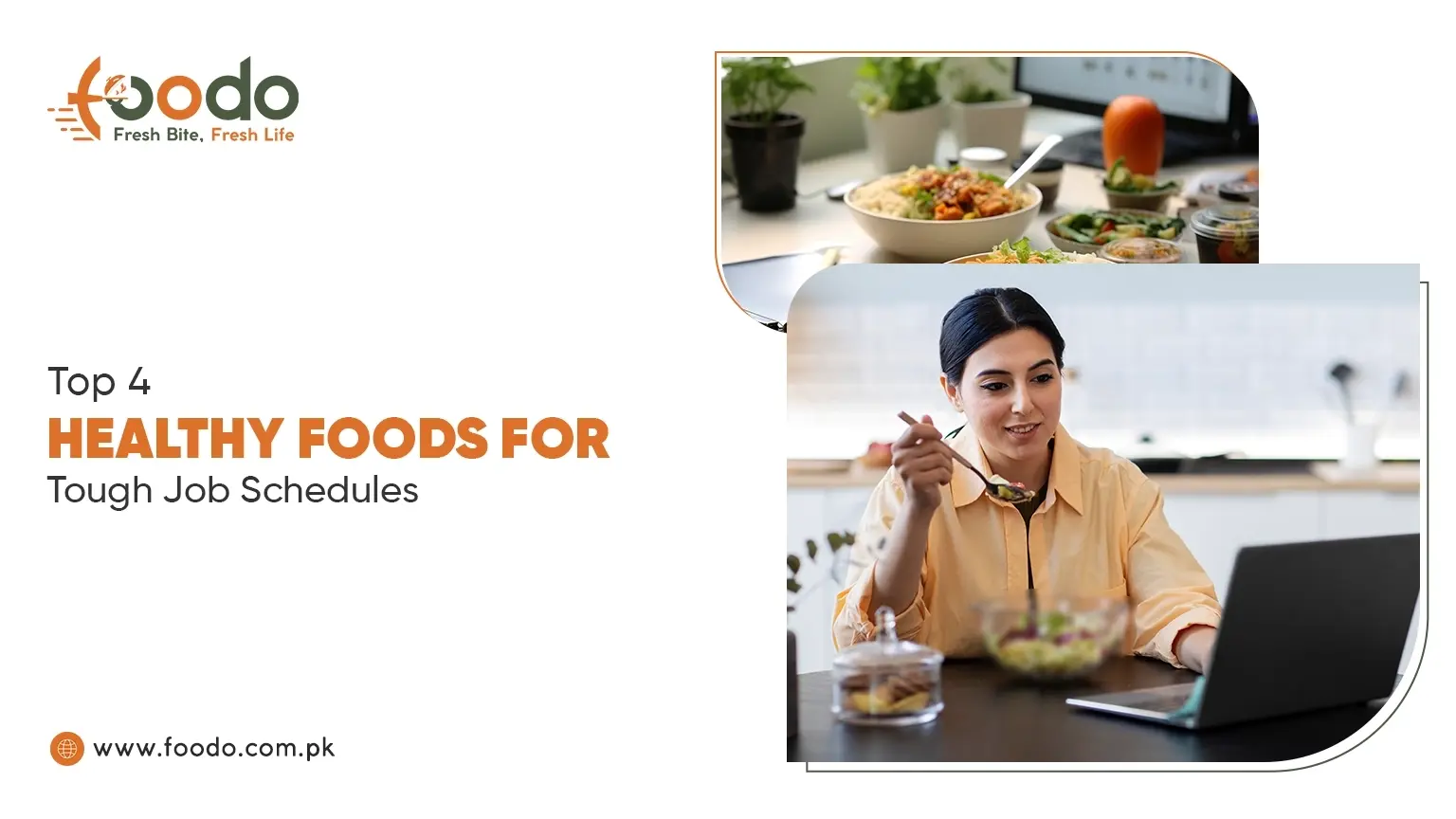 A professional eating a healthy meal subscription from Foodo at her office desk in Lahore while looking at a laptop screen.