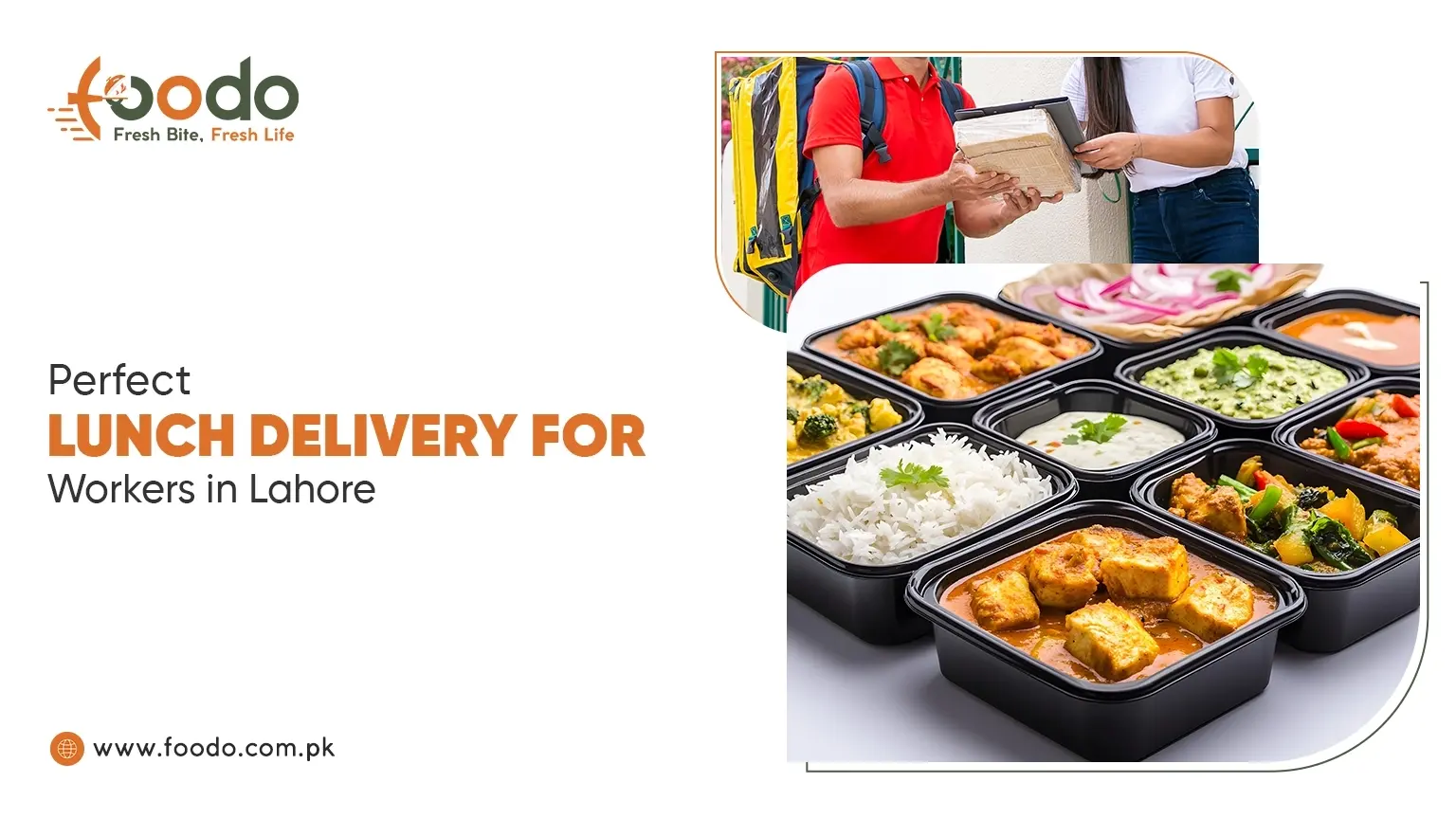 Customized monthly office lunch delivery for corporate workers in Lahore by Foodo, featuring fresh home-style meals in clean containers.