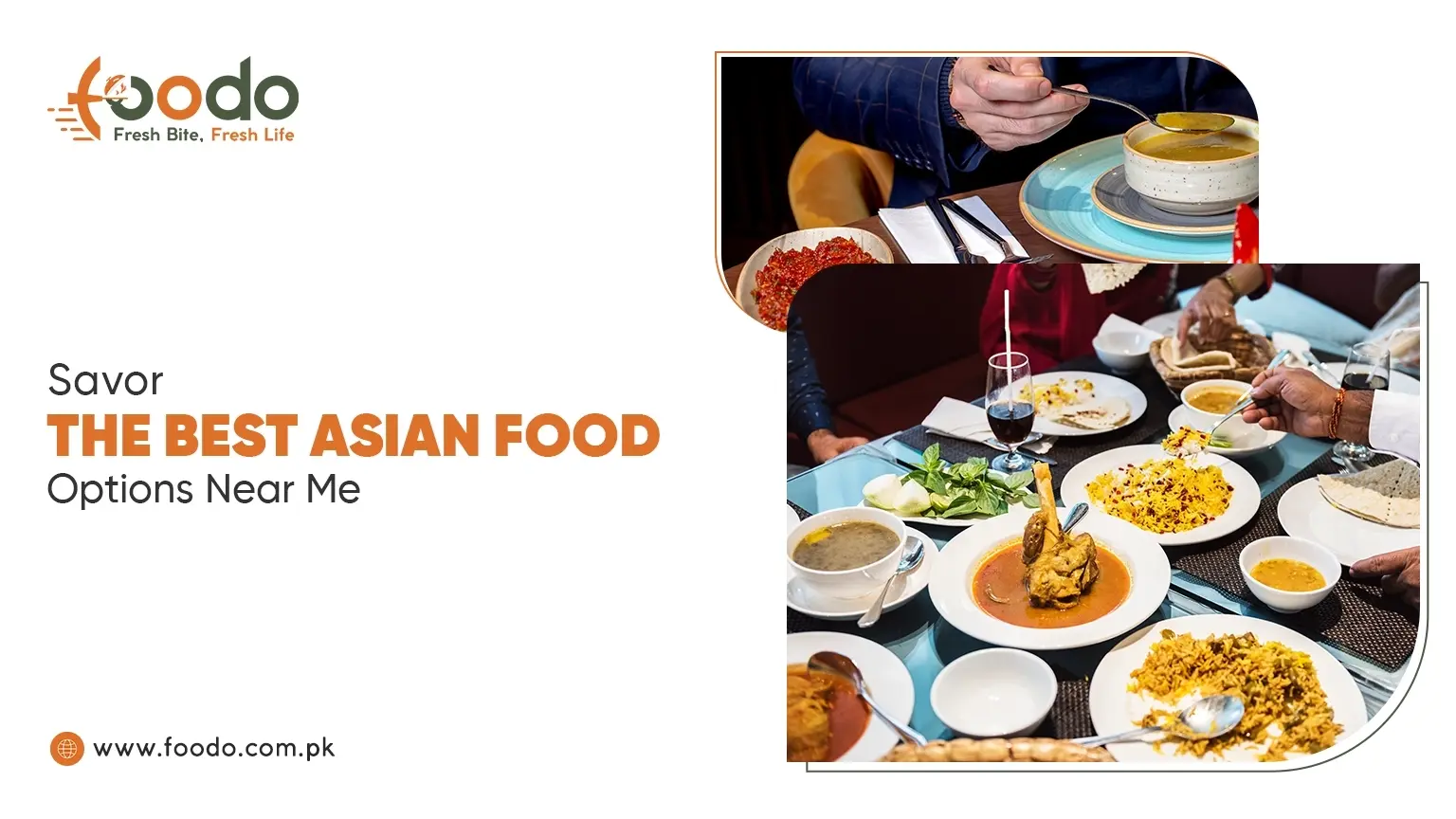 Foodo monthly meal delivery banner featuring traditional Asian food options like rice and curries for office employees and hostel students in Lahore.